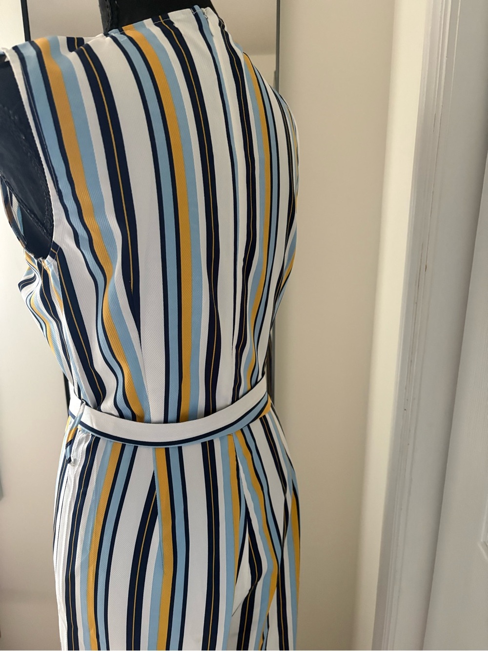 Sleeveless Striped Wrap Jumpsuit in White, Navy & Yellow - Picture 7 of 11
